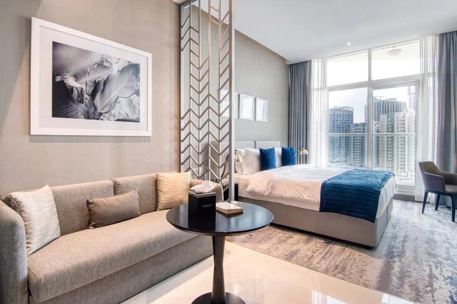 A completed Montroyal apartment with floor-to-ceiling windows over the Dubai skyline